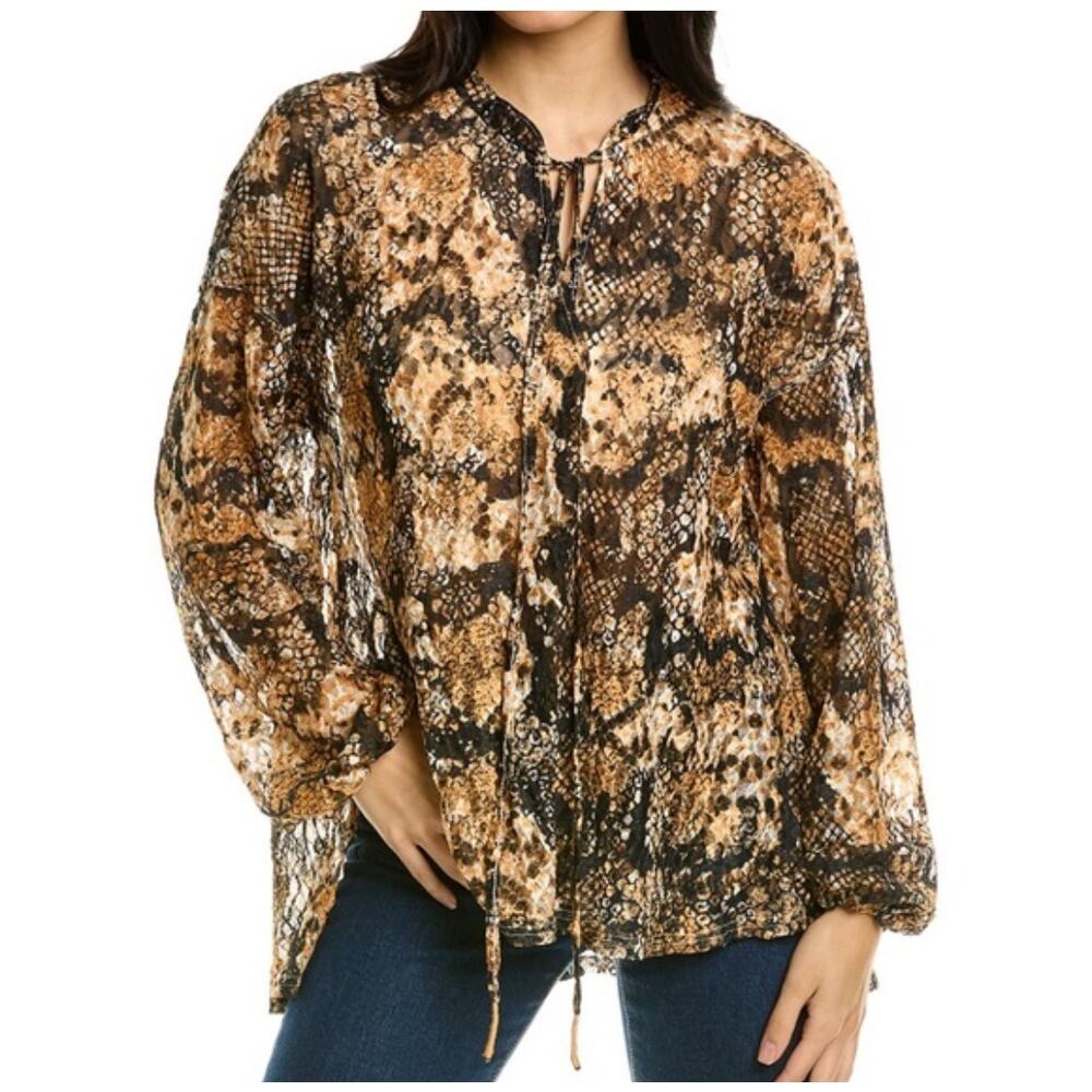 Free People Snake Print Sheer Boho Peasant Blouse Brown Black Flow Top M